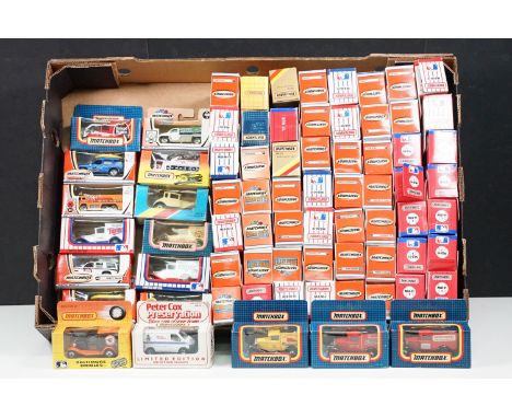 73 boxed Matchbox diecast models featuring MLB-91, MLB-90-12, Mattel Wheels, Hero City, MB-38, etc, boxes opened otherwise vg