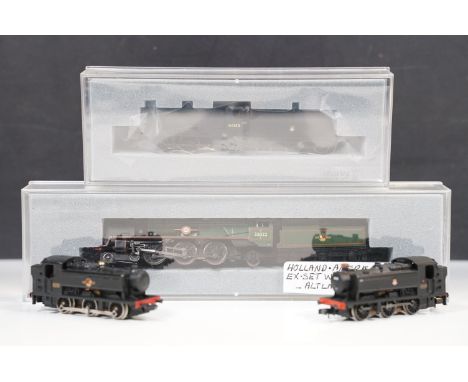 Two cased Graham Farish N gauge locomotives to include Holland Americaline 4-6-2 35022 green and 0-6-0 44143 black livery plu
