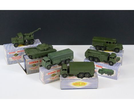 Six boxed Dinky military diecast models to include 661 Recovery Tractor with windows, 3 x 622 10 Ton Army Truck, 689 Medium A