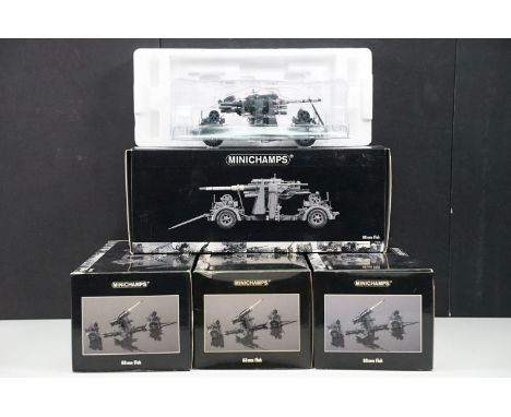 Four boxed Paul's Model Art Minichamps 88mm Flak Gun diecast models, all diecast ex, boxes ex overall