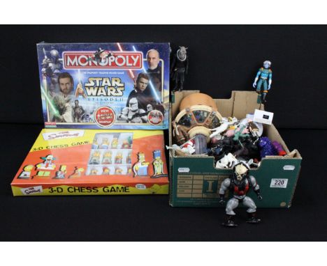 Group of figures and games to include sealed Star Wars Monopoly, sealed The Simpsons 3D Chess, action figures featuring 2 x M