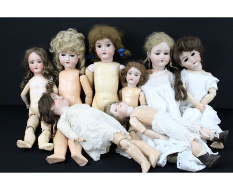Collection of eight bisque headed dolls to include 1 x Kammer &amp; Reinhardt (Marked to neck '70'), 3 x Armand Marseille (1 