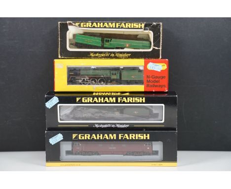 Four boxed / cased N gauge locomotives to include 3 x Graham Farish (Western Fusilier, 372-600 V2 60800 Green Arrow BR green 