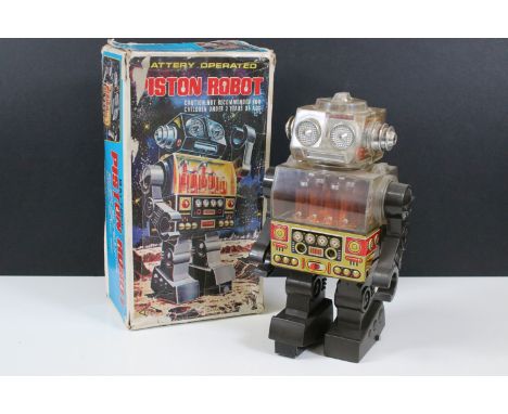 Boxed SJM Battery Operated Piston Robot tin plate and plastic model, Model No. SJM-3007, model in vg condition, box showing s