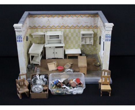 Wooden scratch built &amp; painted dolls house diorama with a quantity of wood and metal furniture and accessories