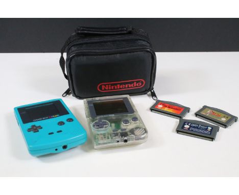 Retro Gaming - Two Nintendo Game Boy handheld gaming consoles to include Game Boy Color and Game Boy Pocket, together with 10