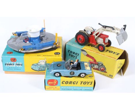 Three boxed Corgi diecast models to include 318 Lotus Elan S2 in metallic blue, with driver, Corgi Major 1119 HDL Hovercraft 