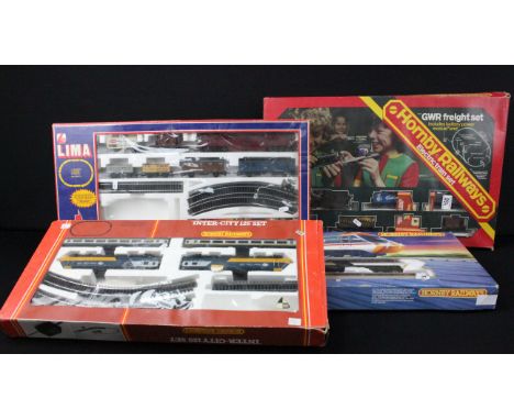 Three boxed Hornby OO gauge train sets to include R695 High Speed Train, R541 InterCity 125, and R175 GWR Freight Set plus a 