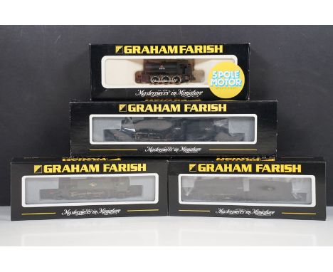 Four cased / boxed Graham Farish N gauge to include 372-151 8F 48045 black late crest, 371-977 61XX Prairie Tank BR green lin