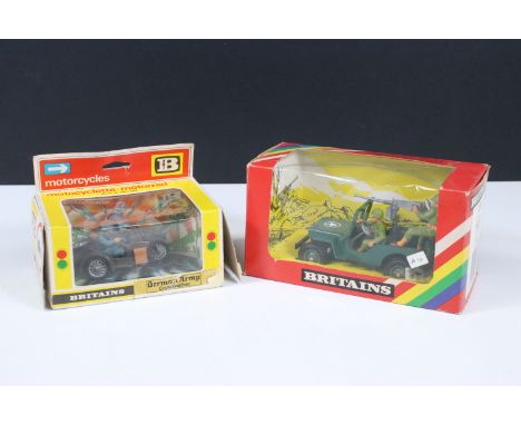 Boxed Britains Motorcycles 9681 German Army Combination (Missing one end flap to both sides), plus boxed Britains 9786 US Jee