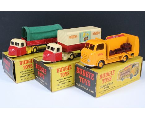 Three boxed Budgie Toys diecast commercial models to include Coca Cola Van with accessory crates, BR Articulated Delivery Van