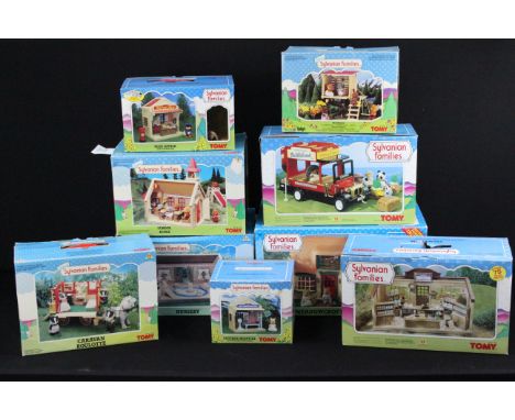 Sylvanian Families - Nine boxed Tomy play sets / accessories to include Post Office, Treehouse, Country Bus, Meadow Croft Cot