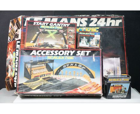 Six boxed Scalextric accessories &amp; sets to include boxed Le Man 24 hr Magnatraction set appearing vg with both slot cars 