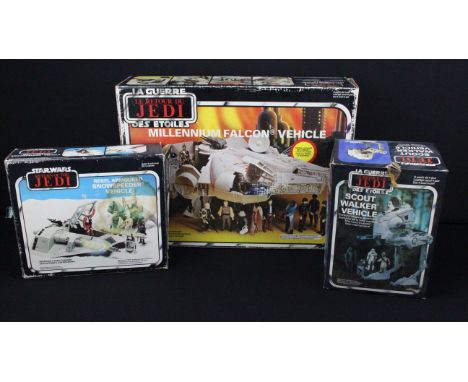 Star Wars - Three boxed original Star Wars Return Of The Jedi vehicles featuring Millennium Falcon, Rebel Armoured Snowspeede