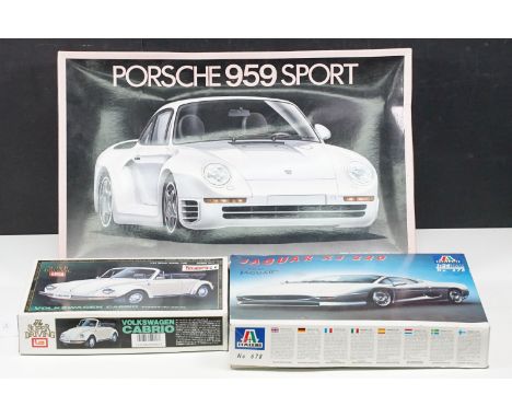 Three boxed plastic model kits to include Imai 1/24 The Super Driving Volkswagen Cabrio, Italeri 1/24 No. 678 Jaguar XJ220 an