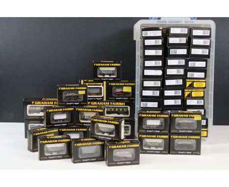 54 Boxed Graham Farish N gauge items of rolling stock to include coaches, wagons and tankers (2 boxes)