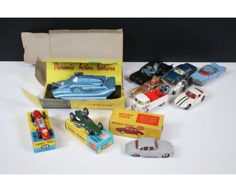 10 Mid 20th C diecast models to include 2 x boxed Corgi racing cars (154 Ferrari Formula 1 &amp; 155 Lotus Climax F1), Dinky 