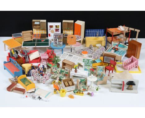 Collection of circa 1970s wooden &amp; plastic dolls house furniture and accessories featuring Marx