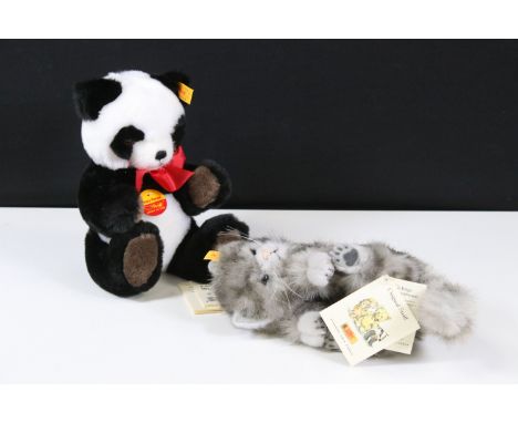 Steiff - Two Steiff teddies to include 074899 Cat playing and 013454 Petsy Panda, both with button and yellow tags to ears an