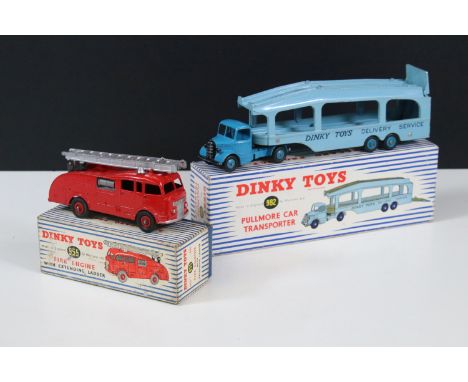 Two boxed Dinky diecast models to include 982 Pullmore Car Transporter and 955 Fire Engine with extending ladder, both in a g