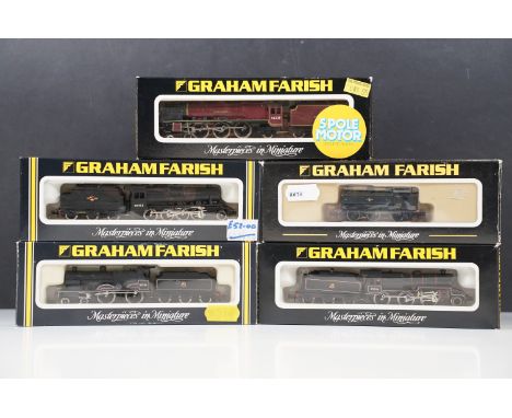 Five boxed Graham Farish N gauge locomotives to include 371901 57XX Pannier Tank 5775 BR black l/crest, 1905 Class 8F BR, 185