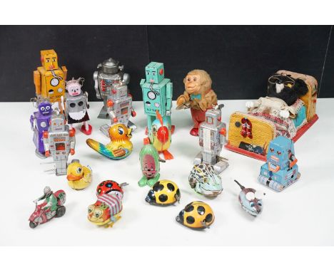 Collection of 22 tin plate and plastic clockwork models to include Louis Marx Toys Hopping Watermelon, Schylling Electra Robo