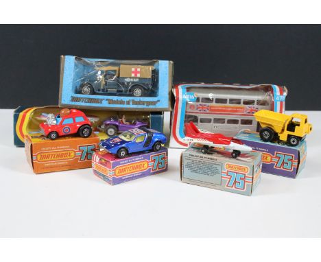 Seven boxed diecast models to include 4 x Matchbox 75 Series models including Streakers 41 Siva Spyder, 27 Swing Wing, Superf