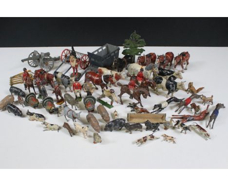 Collection of metal figures and animals to include Britains and John Hill &amp; Co / Johillco examples featuring hunting scen