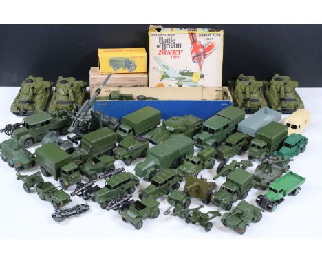 Around 35 Mid 20th C onwards military diecast models to include Dinky, Britains, etc featuring boxed Britains Royal Artillery