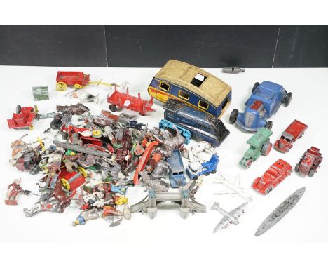 Collection of metal figures, tin plate and diecast models to include Marx Sparkling Hot Rod, clockwork tin plate No. 4490 loc