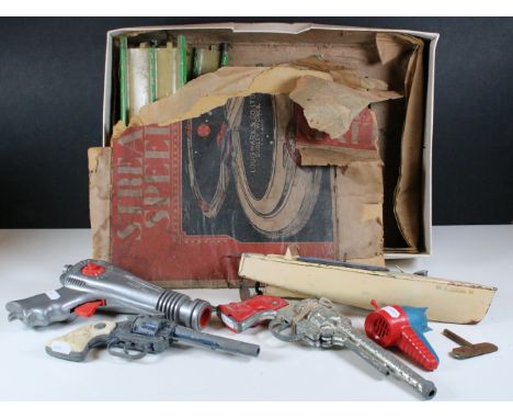 Collection of toys to include boxed Louis Marx Streamline Speedway tin plate track and car set (Box very tatty), Hornby clock