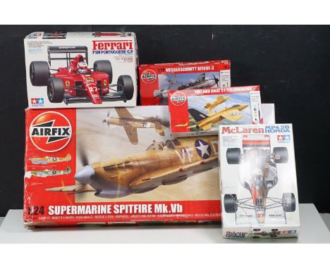 Five boxed plastic model kits to include Tamiya 1/20 Mclaren MP4/5B Honda, Tamiya 1/20 Ferrari F189 Portuguese G.P. (Late Ver