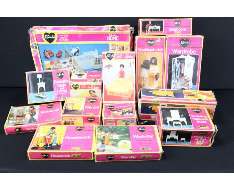 Sindy - 13 Boxed Pedigree Sindy accessories and furniture to include Sindy's Home, Sideboard, Sindy's Bath, Housework, Washda