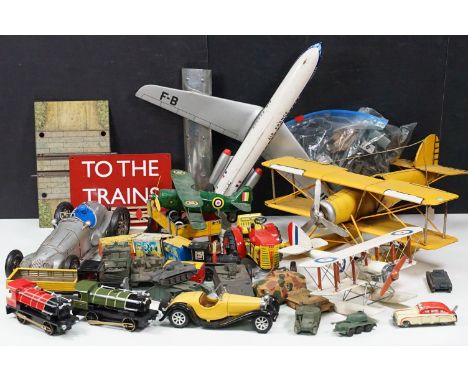 Collection of tin plate models to include Caravelle Air France plane, 2 x contemporary bi-plane models, Arnold truck etc