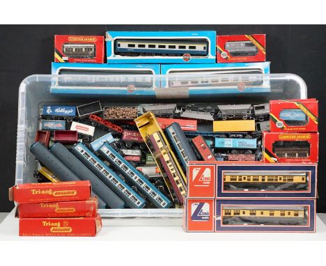 Around 70 OO gauge items of rolling stock to include 3 x boxed Airfix BR blue livery coaches (missing box windows), 2 x Lima 