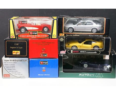 Eight boxed 1/18 diecast models to include Sun Star No. 3201 Jaguar XK140 Drophead Coupe, Autoart Jaguar XK-SS, Burago Ferrar