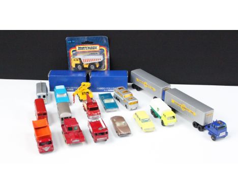 17 Mid 20th C playworn Matchbox diecast models to include 42 Studebaker Lark Wagonaire, 25 BP Petrol Tanker, 38 Vauxhall Vict
