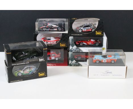 Nine boxed / cased racing diecast models to include 4 x Ixo Models (LMC054 Toyota TS010 #36 LM 1993, RAM083 Peugeot 206 WRC #