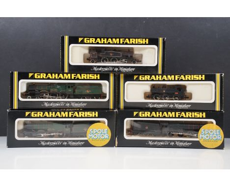 Five boxed Graham Farish N gauge locomotives to include 1405 Hall Class BR, 1445 Castle Class Windsor BR, 2-6-2 8102 BR black