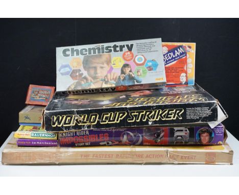 Collection of toys and games to include Ideal Crossfire, LJN Rough Riders Knight Rider Impossibles Stunt Set, Parker World Cu