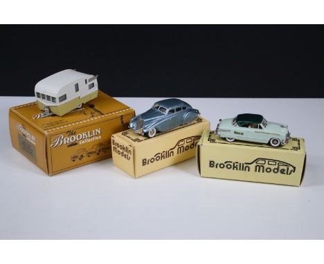 Three boxed Brooklin Models diecast models to include BRK 72 1958 Shasta Airflyte Travel Trailer, BRK 51X 1951 Ford Victoria 