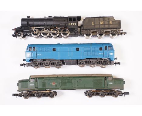 Three N gauge locomotives to include Grafar 2-8-0 8177 LMS, Lima D5519 BR and unmarked D6736 BR green