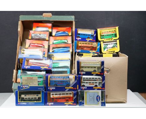 50 Boxed Corgi diecast model buses and commercials to include Open Top Bus, Routemaster, Suntrekker, Metrobus, etc, all dieca