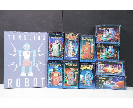 Ten Boxed Masudaya tin plate clockwork models to include Lost In Space Robot YM-3, Mini Sonic Robot, Mini X-9 Space Robot Car