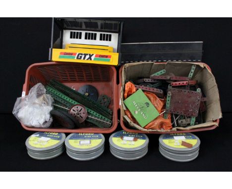 Collection of mixed Meccano to include plates, clockwork motors, small wheels, nuts and bolts, tyres, etc (2 Boxes)
