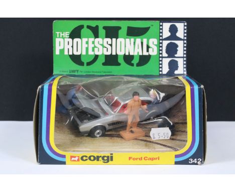 Boxed Corgi 342 The Professionals Ford Capri diecast model complete with figures, diecast ex, box vg with slight squashing to