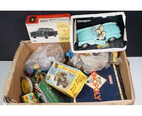 Collection of mixed toys and games to include KO Japan tin plate remote controlled Six Wheel Robot, boxed Louis Marx Battery 