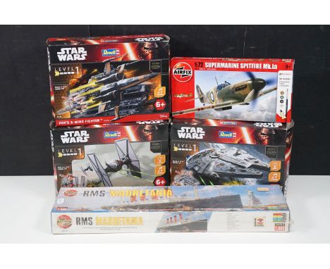 Five boxed plastic model kits featuring 3 x Revell Star Wars kits (Poe's X-Wing Fighter, Millennium Falcon &amp; First Order 