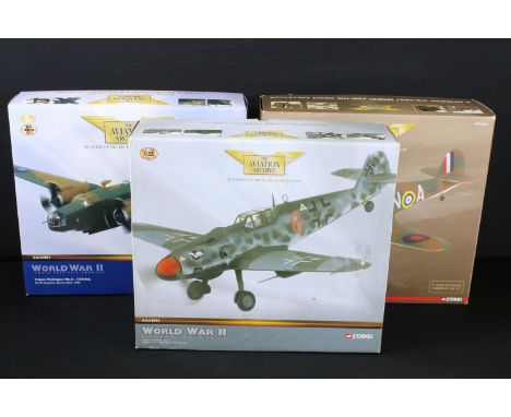 Three boxed Corgi Aviation Archive World War II diecast models to include 1/32 Attack By Night AA34901, 1/72 South East Asia 