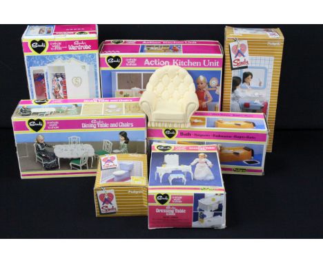 Seven boxed Pedigree Sindy accessories to include Action Kitchen, Dining Table and Chairs, Dressing Table &amp; Stool, Bath, 